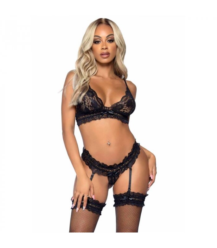 LEG AVENUE SET TRES PIEZAS DE ENCAJES TALLA UNICA NEGRO